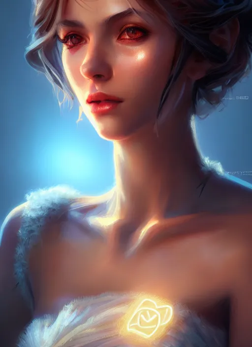 Image similar to beautiful fashion goddness, strapless dress, character portrait in the style of thomas river and artgerm, wlop, cinematic lighting, hyperdetailed, 8 k realistic, symmetrical, global illumination, radiant light, halo, love and mercy, frostbite 3 engine, cryengine, dof, trending on artstation, digital art, chanel