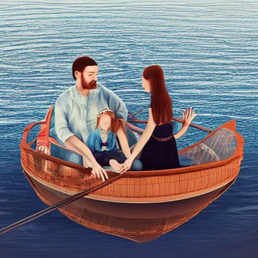 Image similar to father and daughter in a small boat late at night with the moon reflecting across the water,8k, hyper realistic, realistic waves, highly ornate intricate details, symmetrical artwork, digital artwork, cinematic, deep aesthetic, rich color,