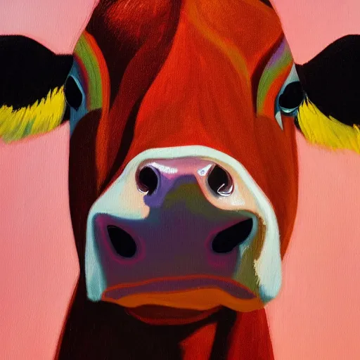 Image similar to a stylized painting of a cow looking into the camera, 4 k,