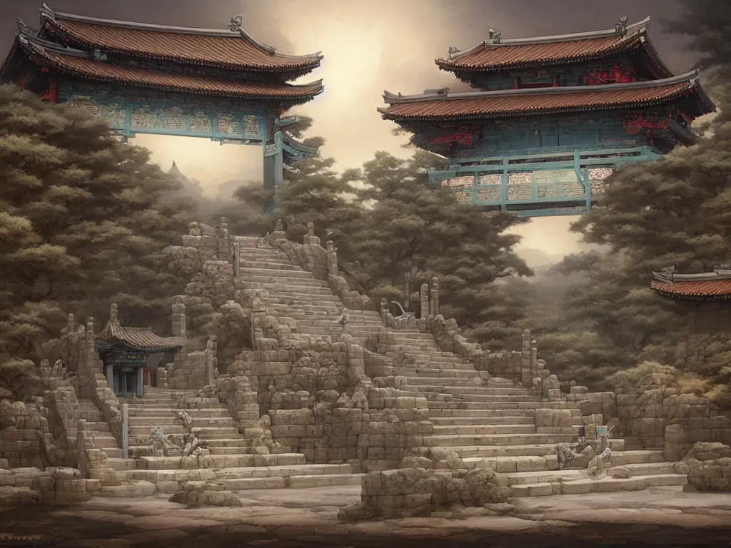 Image similar to tang dynasty shinto gate at the top of many stone steps, by peter mohrbacher and dan mumford and nekro, cgsociety, volumetric light, 3 d render