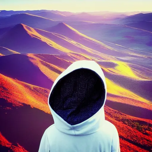 Prompt: guy with white hoodie on a beautiful planet colorful and full of life