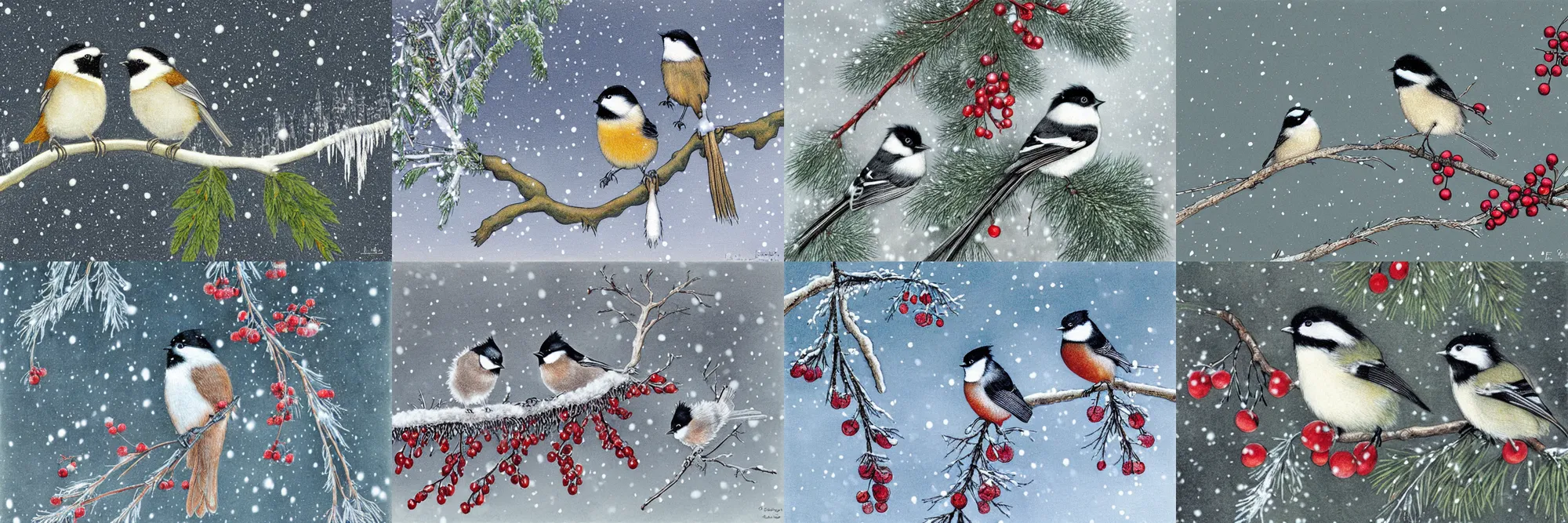 Prompt: a pair of chickadees, sitting on the branch of a mountain ash tree, with red berries and icicles, in the winter, snowing, gray sky with wispy clouds, by elsa beskow, highly detailed digital art