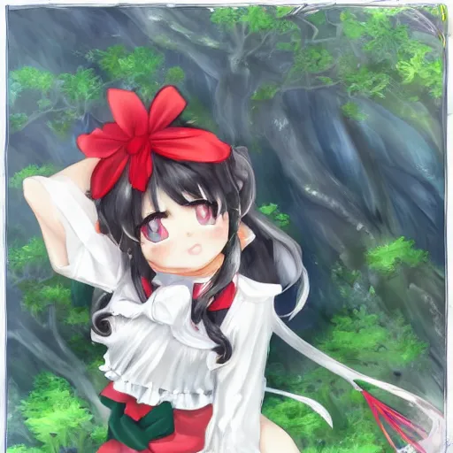 Image similar to a pixiv fantasia of reimu in the jungle wearing bonnet