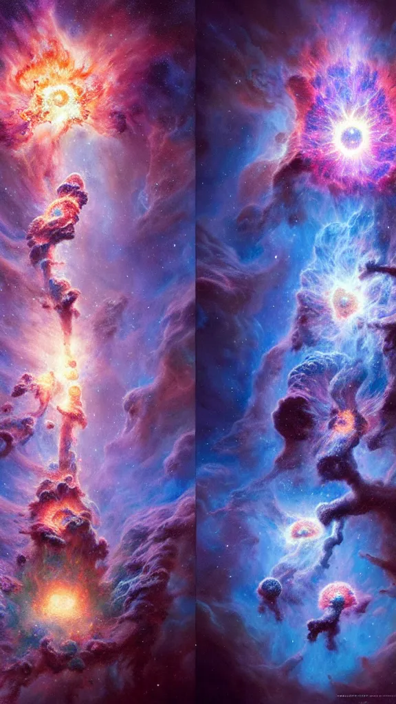 Image similar to psychedelic transcendent puffs! of smoke explosion, space, supernova, nebulae, pillars of creation, enlightenment, high contrast lighting, highly detailed, concept art, art by collier, albert aublet, krenz cushart, artem demura, alphonse mucha