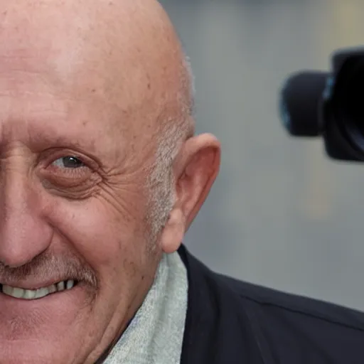 Image similar to mike ehrmantraut grinning in front of a camera