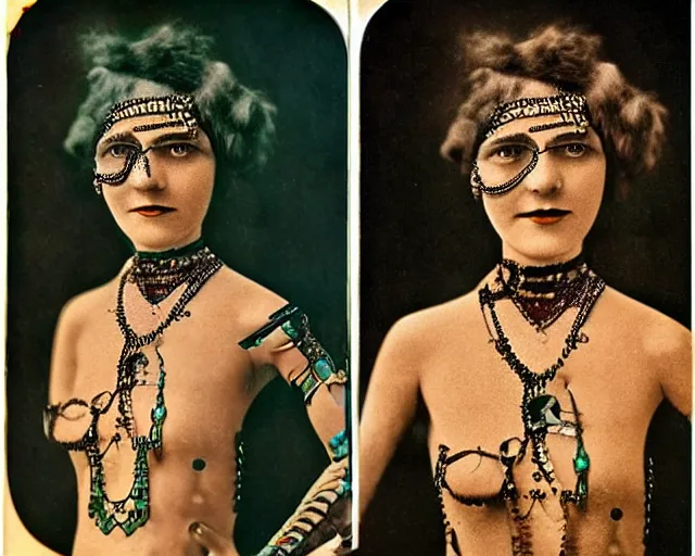 Prompt: 1 9 2 0 s colorized photographs of the lost tribes of del shoob and their amazing ornate jewelry and cyborg - like body modifications