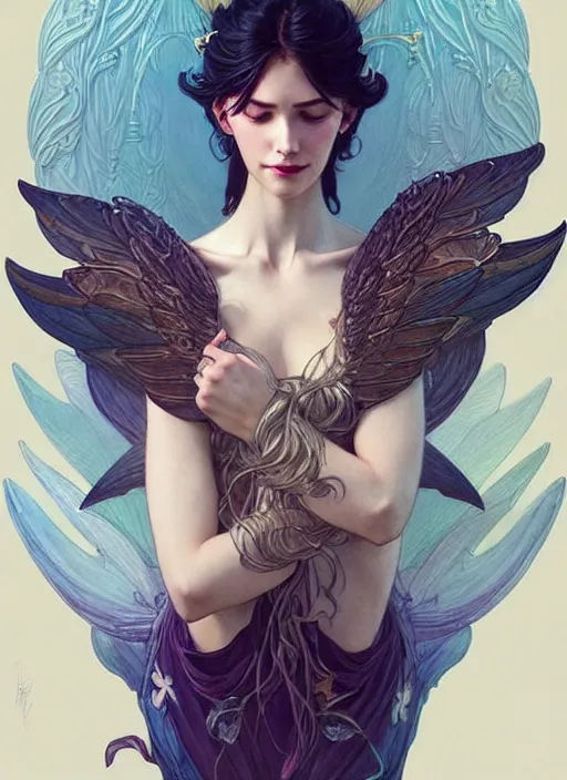 Image similar to portrait of woman with flowy hair, wings, confident pose, pixie, genshin impact, intricate, elegant, sharp focus, soft bokeh, illustration, highly detailed, concept art, matte, trending on artstation, bright colors, art by wlop and artgerm and greg rutkowski, mucha, giger, marvel comics