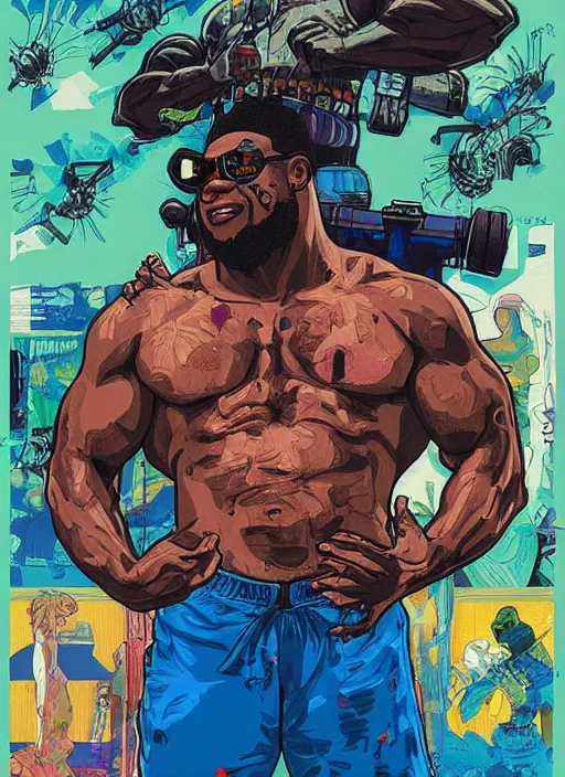 Image similar to chidi igwe. buff cyberpunk weight lifter. portrait illustration, pop art, splash painting, art by geof darrow, ashley wood, alphonse mucha, makoto shinkai ( apex legends )