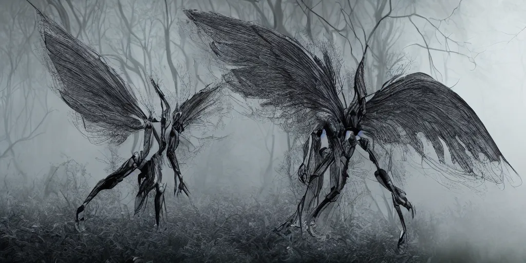 Prompt: Man-Moth hybrid wings for arms in a forest filled with fog off in the distance looking back at the camera, hyper detailed