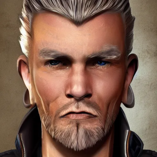 Image similar to concept art, 50 years old men, blonde, blue eyes, leather armor, high detail, digital art, realistic