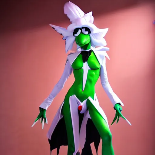 Image similar to kermit the frog as ragyo kiryuin from kill la kill, anime