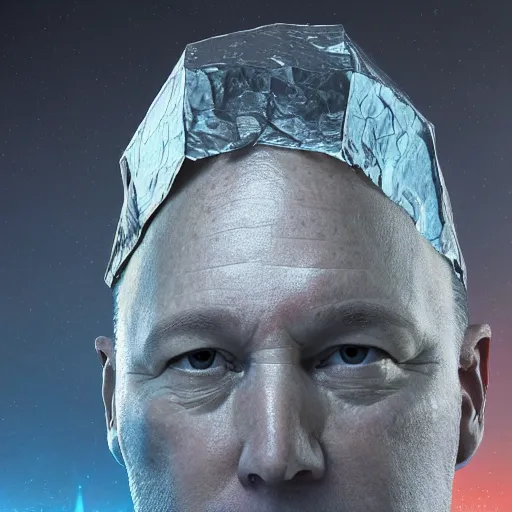 Image similar to hyperrealistic mixed media image of info wars alex jones wearing conspiracy tin foil hat, stunning 3 d render inspired art by xiang duan and thomas eakes and greg rutkowski, perfect facial symmetry, hyper realistic texture, realistic, highly detailed attributes and atmosphere, dim volumetric cinematic lighting, 8 k octane detailed render, post - processing, masterpiece,
