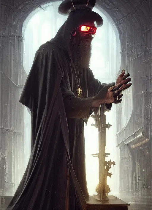 Image similar to portrait of a cyberpunk orthodox priest, grim - lighting, high - contrast, intricate, elegant, highly detailed, centered, digital painting, artstation, concept art, smooth, sharp focus, illustration, artgerm, tomasz alen kopera, peter mohrbacher, donato giancola, joseph christian leyendecker, wlop, boris vallejo