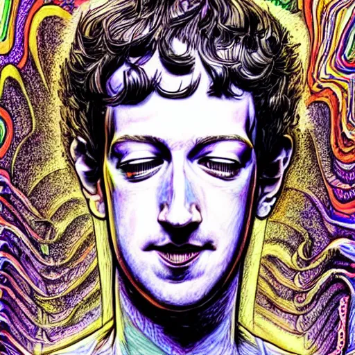 Image similar to the inner self of mark zuckerberg, clockwork engine, psychedelic, lsd, spiritual, mystical, epic beautifully detailed pen, ink and copic markers drawing by milo manara