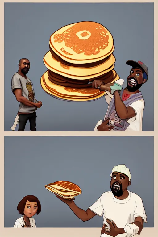 Image similar to kanye west making pancakes, animation pixar style, by pendleton ward, magali villeneuve, artgerm, rob rey and kentaro miura style, golden ratio, trending on art station