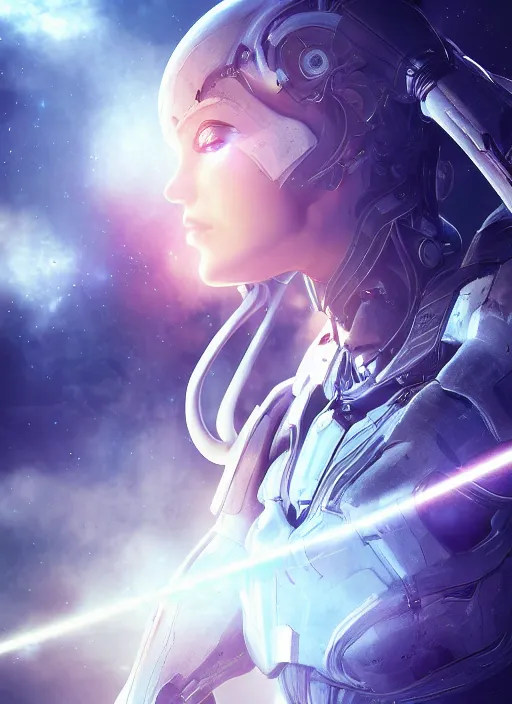 Image similar to photo of a cyborg girl on a space ship, warframe armor, beautiful face, scifi, nebula reflections, angel, white hair, stars, professionally color graded, sharp focus, 8 k high definition, insanely detailed, intricate, innocent, art by stanley lau and artgerm