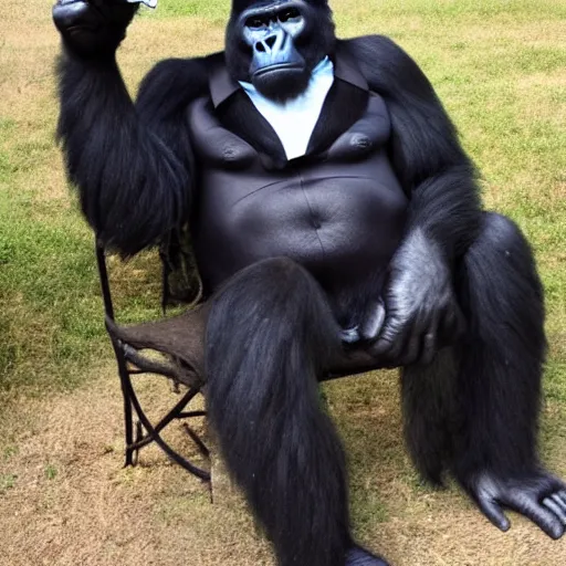 Image similar to a gorilla wearing a suit sitting on a chair smoking a cigar