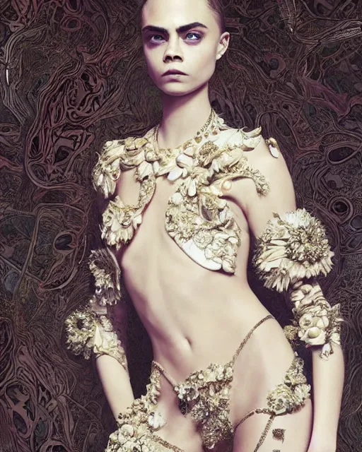 Image similar to cara delevingne wearing epic haute couture by Alexander McQueen, extremely beautiful and proportionate face, in the aesthetic of mert and marcus, masterpiece, intricate, elegant wardrobe, highly detailed, digital painting, artstation, concept art, smooth, sharp focus, illustration, art by artgerm and james jean and greg rutkowski and alphonse mucha