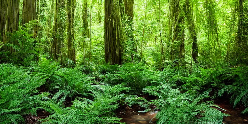 Prompt: a beautiful fern forest with a creek and redwoods and dappled light