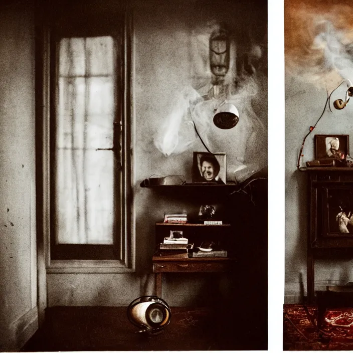 Prompt: kodak portra 4 0 0, wetplate, fisheye, award - winning portrait by britt marling, 1 9 2 0 s porch, ghost, picture frames, shining lamps, dust, smoke, 1 9 2 0 s furniture, wallpaper, carpet, books, muted colours, wood, fog,