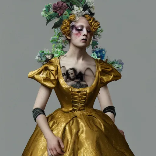 Prompt: 8k, octane render, realism, tonalism, renaissance, rococo, baroque, group of realistic creepy young ladies wearing long harajuku manga dress with flowers and skulls, background chaotic gold leaf flowers