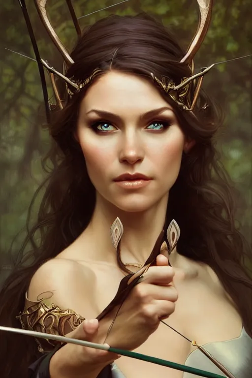 Image similar to portrait of a queen elven archer, dark, piercing eyes, gentle expression, elegant clothing, photorealistic, highly detailed, artstation, smooth, sharp focus, art by michael whelan, artgerm, greg rutkowski and alphonse mucha