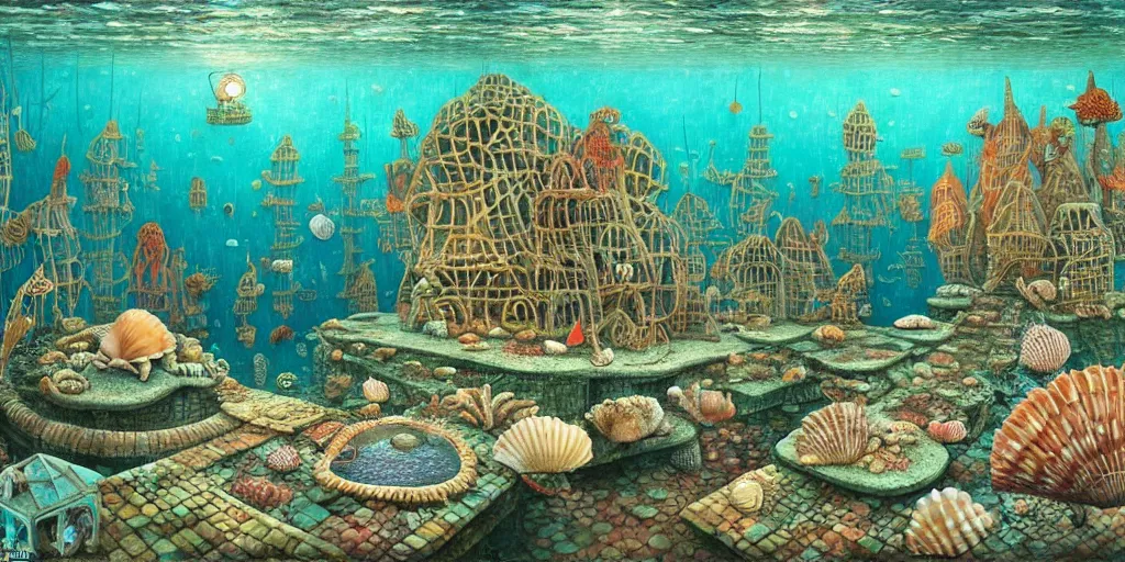 Prompt: underwater city inside!! the seashell, man in the swimming suit walks, seaweed, corals, carps, koi fish, small scandinavian!!! houses, little people!!!, by jacek yerka by levitan, surrealistic painting, masterpiece, oil painting, sharp focus, highly detailed, intricate, smooth, 8 k,