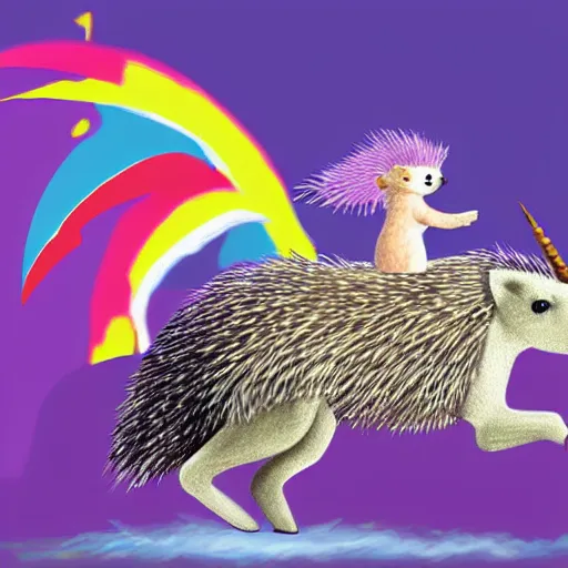 Prompt: a hedgehog riding on a unicorn, digital painting realism