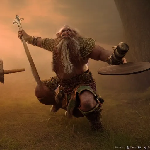 Prompt: a fantasy cinematic shot of a dwarf berserker swinging axes, fighting monsters, octane render, hyperreal, 8 k