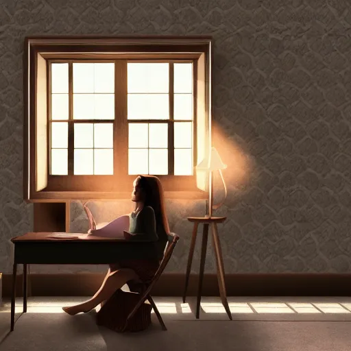 Prompt: a lofi girl studying , cozy wallpaper, 4k, high details, volumetric dynamic lighting,