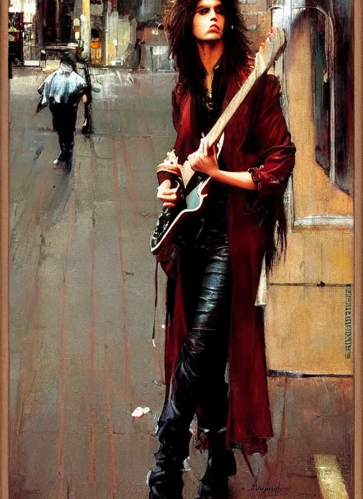 Prompt: androgynous glam rocker outside cbgb in the style of phil hale, sfumato Orientalist portrait by john william waterhouse, moebius oil on canvas. Cinematic, hyper realism, realistic proportions, dramatic lighting, high detail 4k