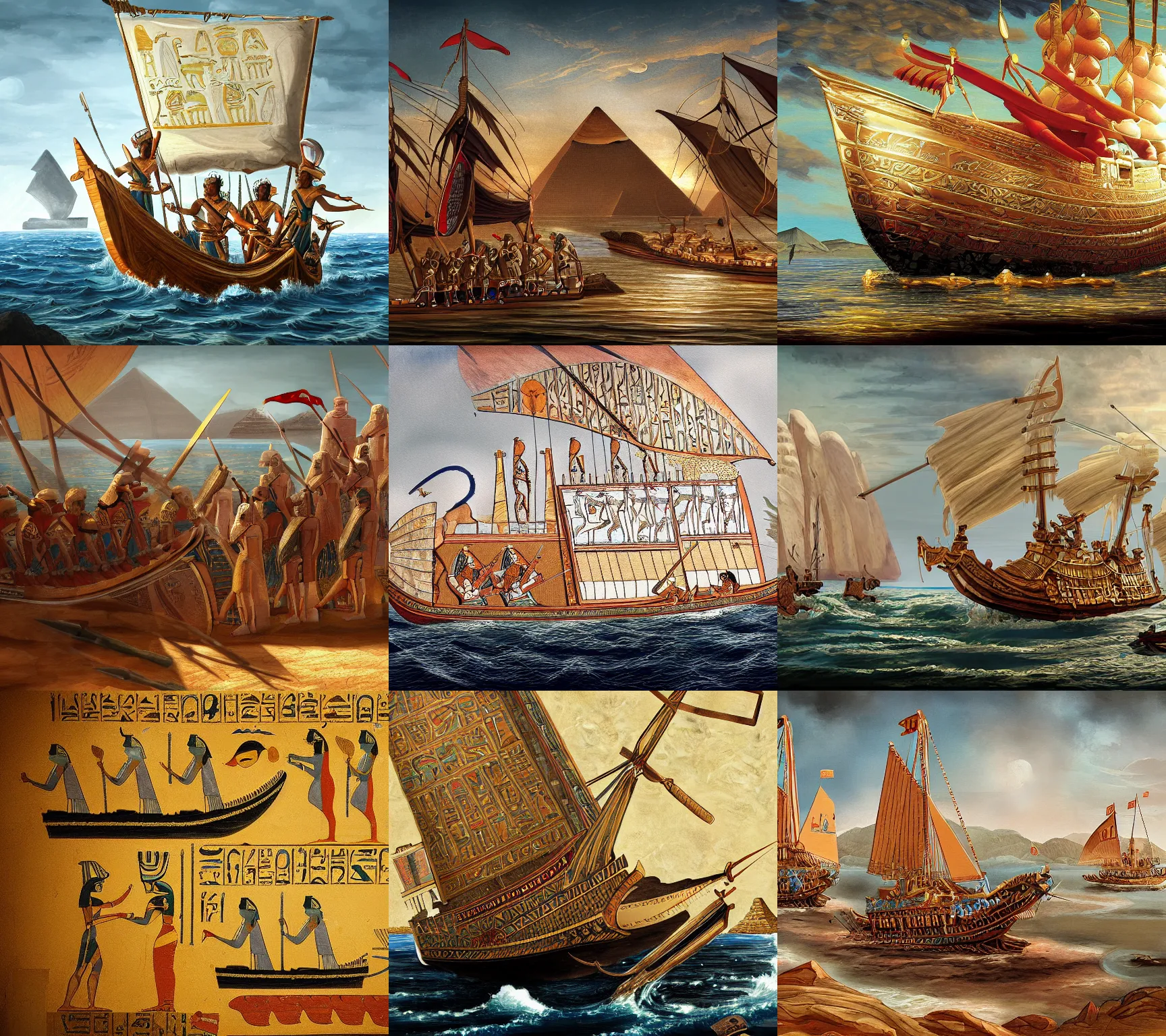 Prompt: ancient egypt painting, naval warfare, intricate, elegant, sharp focus, highly detailed, concept art, digital painting