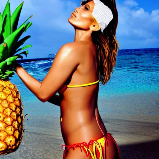 Image similar to j - lo, coconut bikini and a pineapple hat, professional photography, photoshop