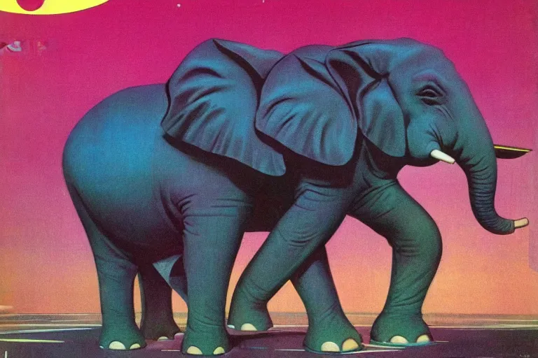 Image similar to 1979 OMNI Magazine Cover of a pink elephant. in cyberpunk style by Vincent Di Fate