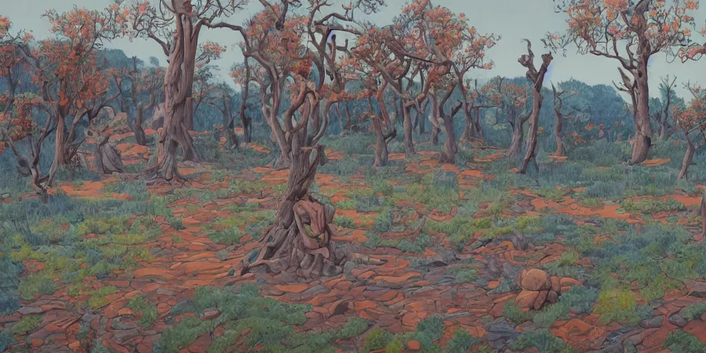 Image similar to landscape painting at noon by james jean and David Schnell painted in no mans land style
