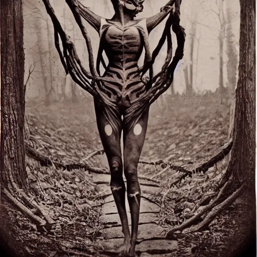 Image similar to 1860 photo of an old freak show spider-woman, on the middle of a forest, spooky , veins, arteries, intricate, golden ratio, full frame, elegant, highly detailed, ornate, ornament, sculpture, elegant , luxury, beautifully lit, ray trace, 3d, PBR