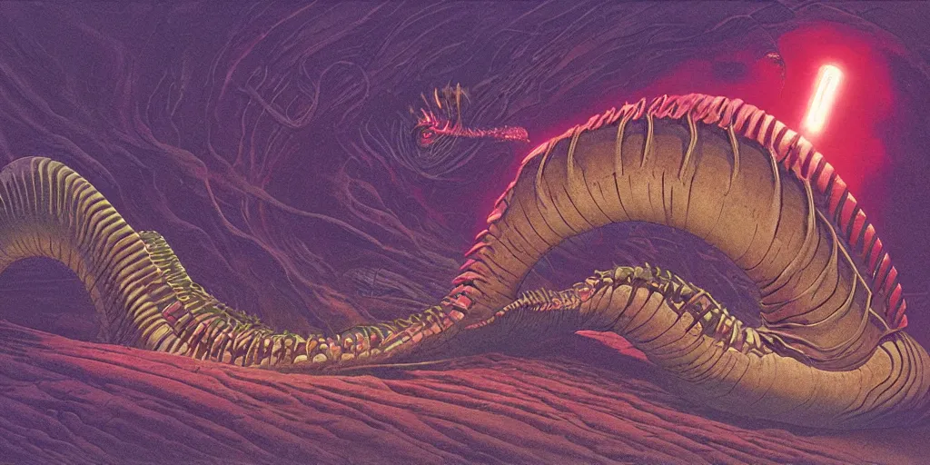 Image similar to angry, screaming nautilus sandworm, made of neon light, volumetric lighting, by caspar david friedrich and wayne barlowe and ted nasmith