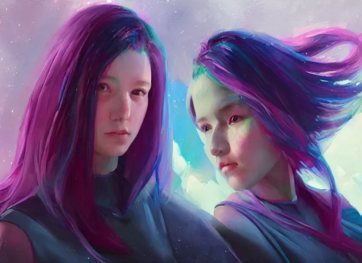 Image similar to a girl with rainbow hair standing in a sci - fi spaceship, official art, by jeremy lipking, by artgerm, realistic expressive oil painting, cgsociety, anime style, detailed spaceship interior, movie still