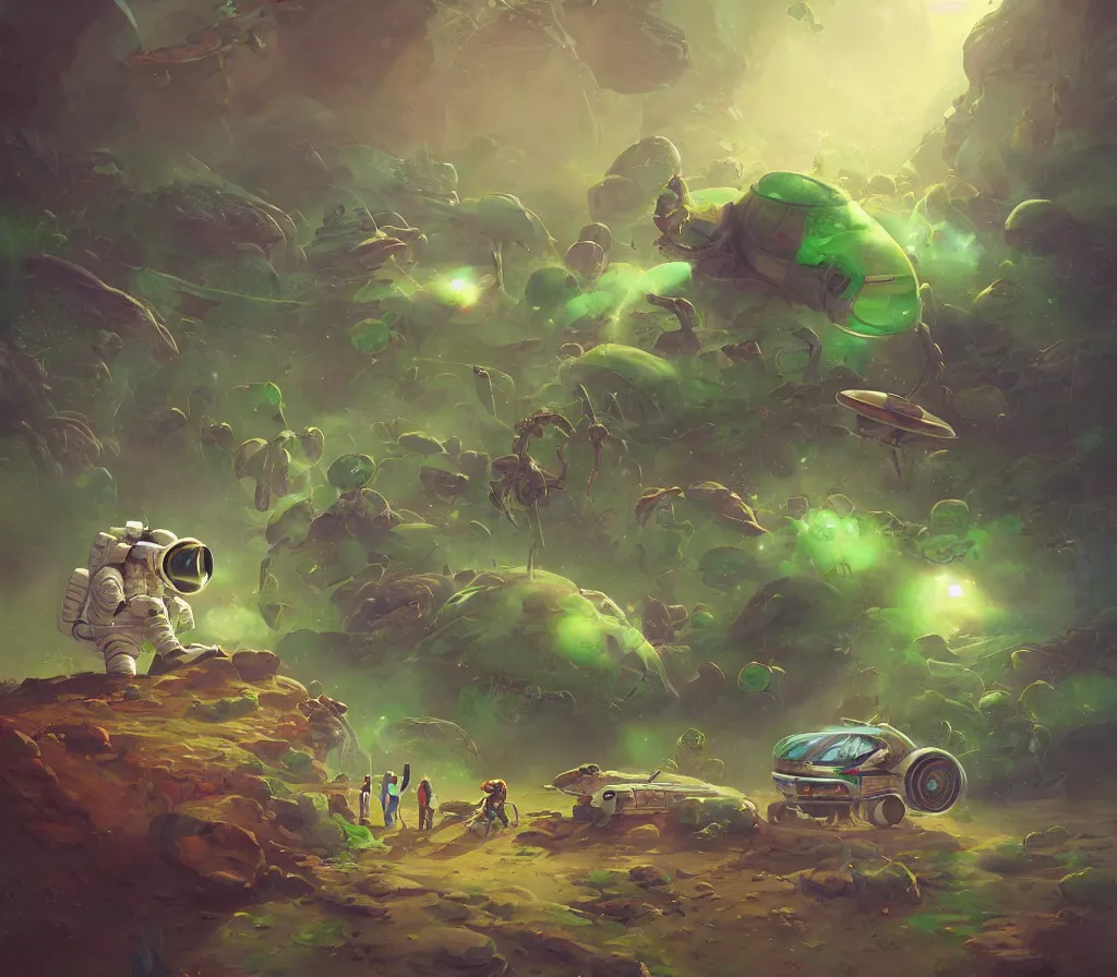 Prompt: An astronaut is having a picnic with a green alien and some dinosaurs on Mars, by Jordan Grimmer, digital art, trending on Artstation,