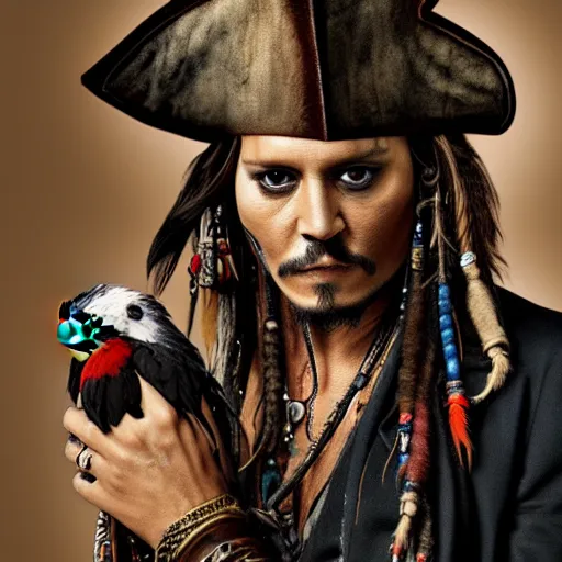 Image similar to johnny depp as jack sparrow with a parrot on the shoulder, realistic portrait, 8k resolution, hyper detailed, dramatic lighting, cinematic