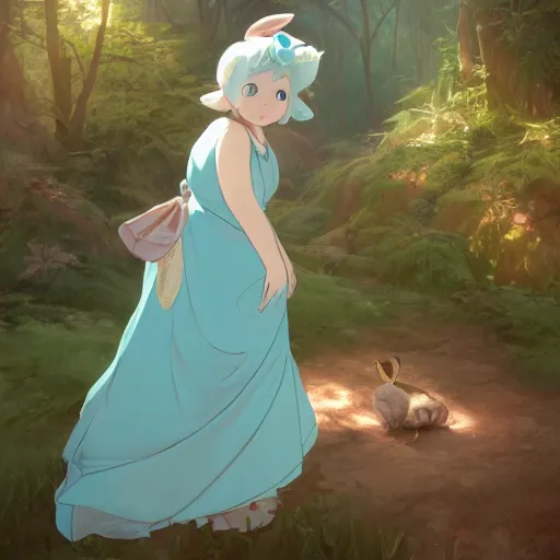 Image similar to concept art painting of a chubby white rabbit wearing a turquoise dress, in the deep forest, realistic, detailed, cel shaded, in the style of makoto shinkai and greg rutkowski and james gurney