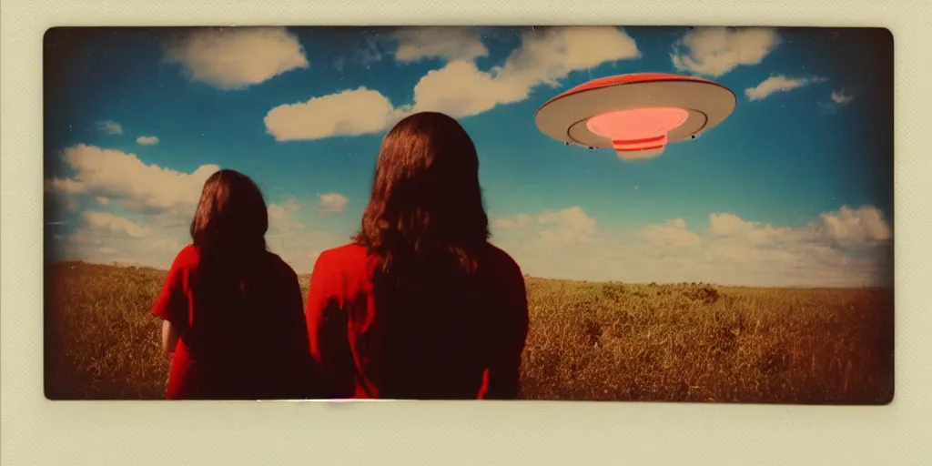 Image similar to vintage polaroid of a beautiful woman spotting a ufo in the sky, seen from behind, detailed clouds, warm azure tones, red color bleed, film grain