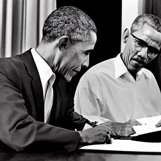 Prompt: Walter White and Barack Obama signing an agreement, 1967 photo