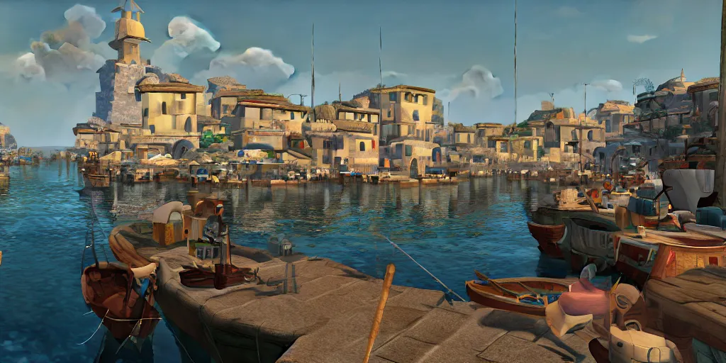 Image similar to a film still of fishing harbour in a small Italian seaside village, medium shot, waist up, studio Ghibli, Pixar and Disney animation, sharp, Rendered in Unreal Engine 5, anime key art by Greg Rutkowski, Bloom, dramatic lighting