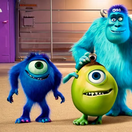 Image similar to movie still of monsters inc characters in a maximum security prison