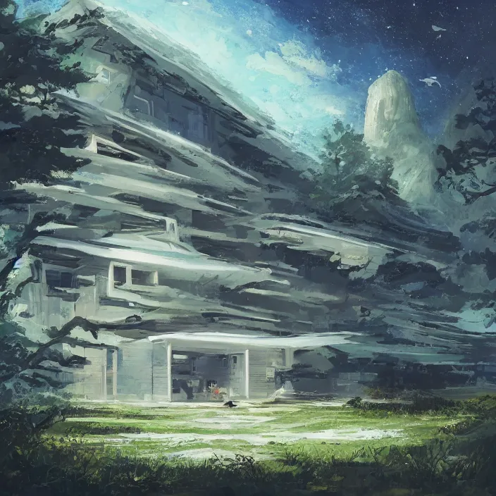 Image similar to a building in a serene landscape, space opera