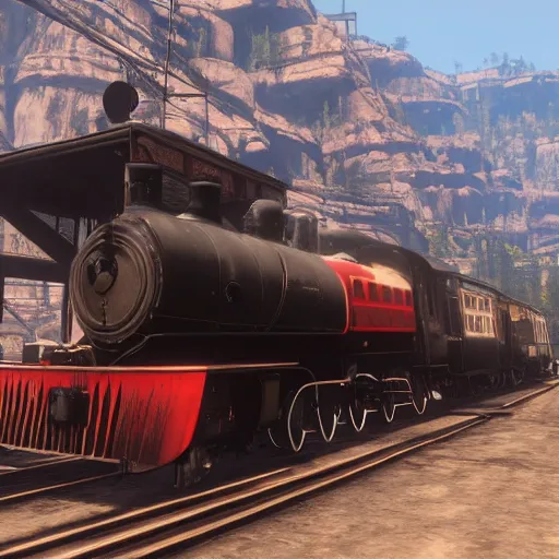 Image similar to futuristic sleek steam locomotive in red dead redemption 2