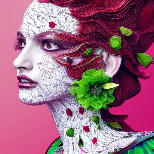 Image similar to the portrait of an absurdly beautiful, graceful, elegant, sophisticated, vogue woman made of strawberries and green petals looking up, an ultrafine hyperdetailed illustration by kim jung gi, irakli nadar, intricate linework, bright colors, octopath traveler, final fantasy, unreal engine 5 highly rendered, global illumination, radiant light, detailed and intricate environment