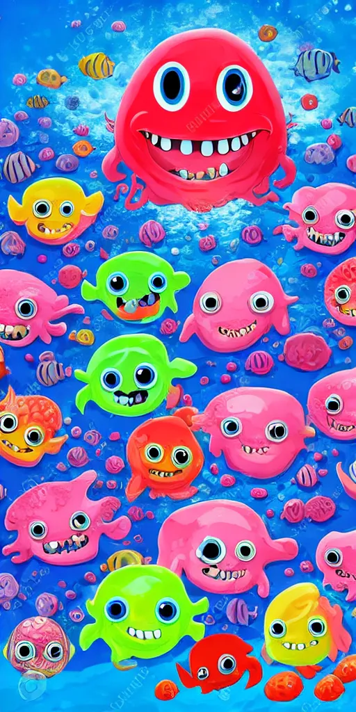 Image similar to colorful cloudy deep sea under water with strange cute friendly happy creatures with huge eyes, mouth, long tongue and round teeth appearing from sandy coral