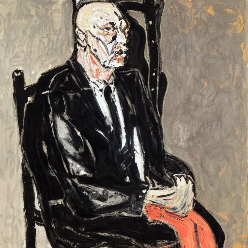 Image similar to painting of a man sitting on a chair, staring at you, by georg baselitz